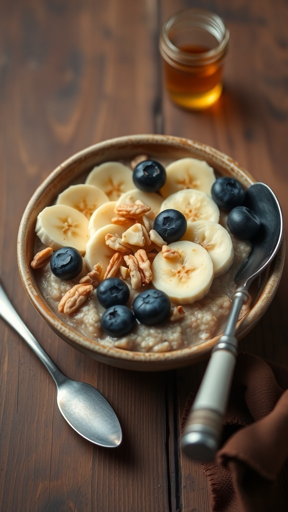 A cozy bowl of oatmeal with banana, blueberries, and nuts on a wooden table.